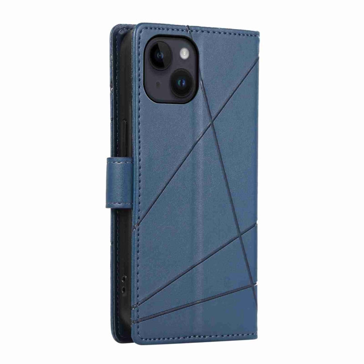 For iPhone 14 PU Genuine Leather Texture Embossed Line Phone Case in black with card slots and wrist strap, showcasing its stylish design and functionality.